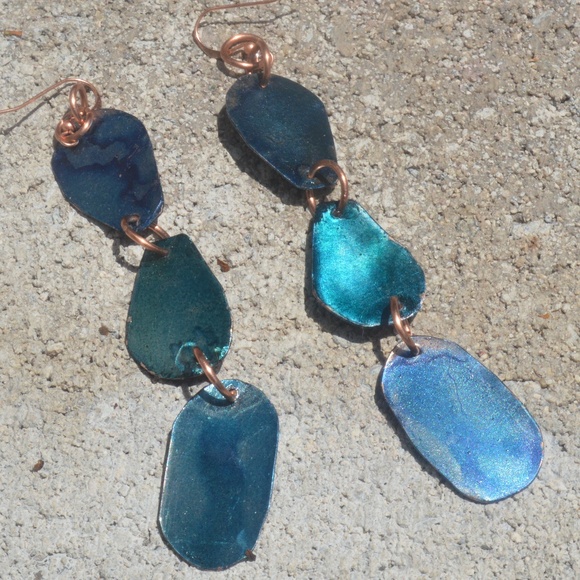 Long Blue Dangle Solid Copper Earrings Handmade - Picture 5 of 7